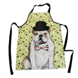 Delantal con estampado en sublimacion de un bulldog Ingles que tiene sombrero y corbatin