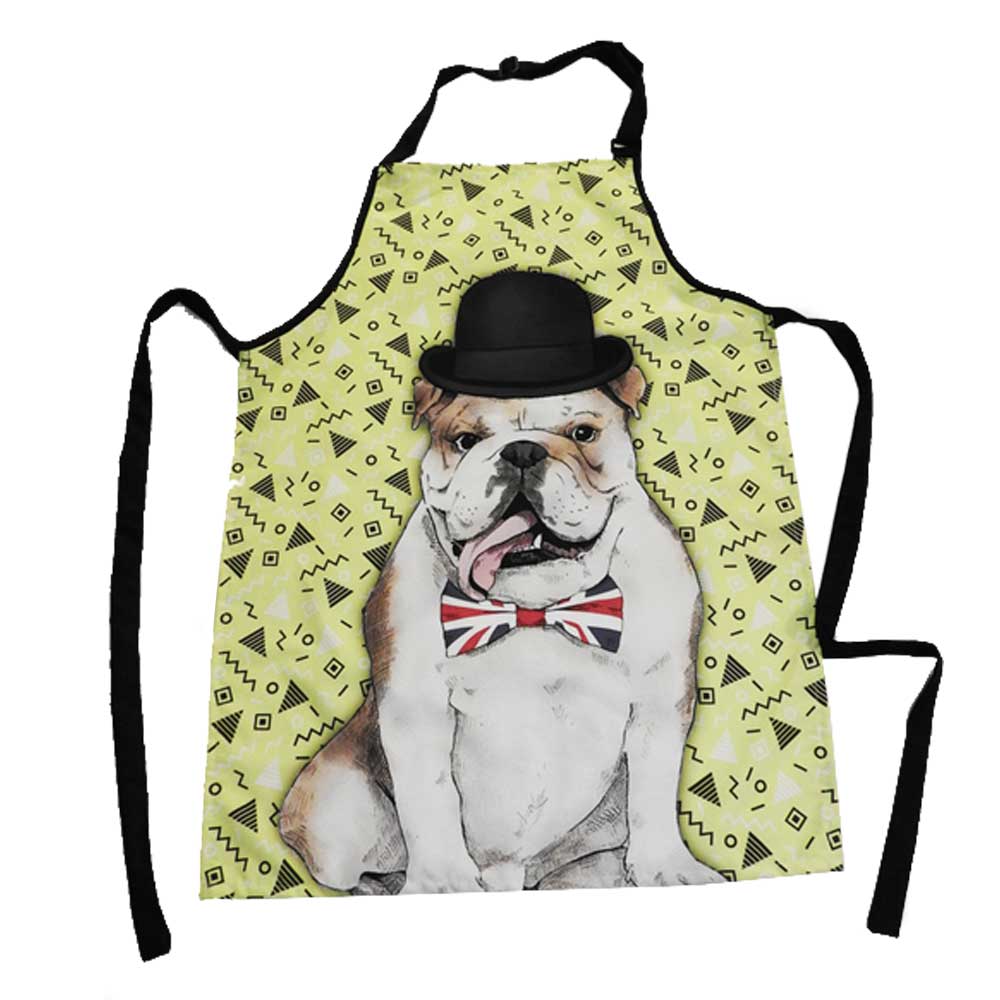 Delantal con estampado en sublimacion de un bulldog Ingles que tiene sombrero y corbatin