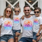 camisetas de familia personalizadas para vacaciones que tiene como frase central familia de vacaciones, cada persona de la familia tiene el mismo estampado