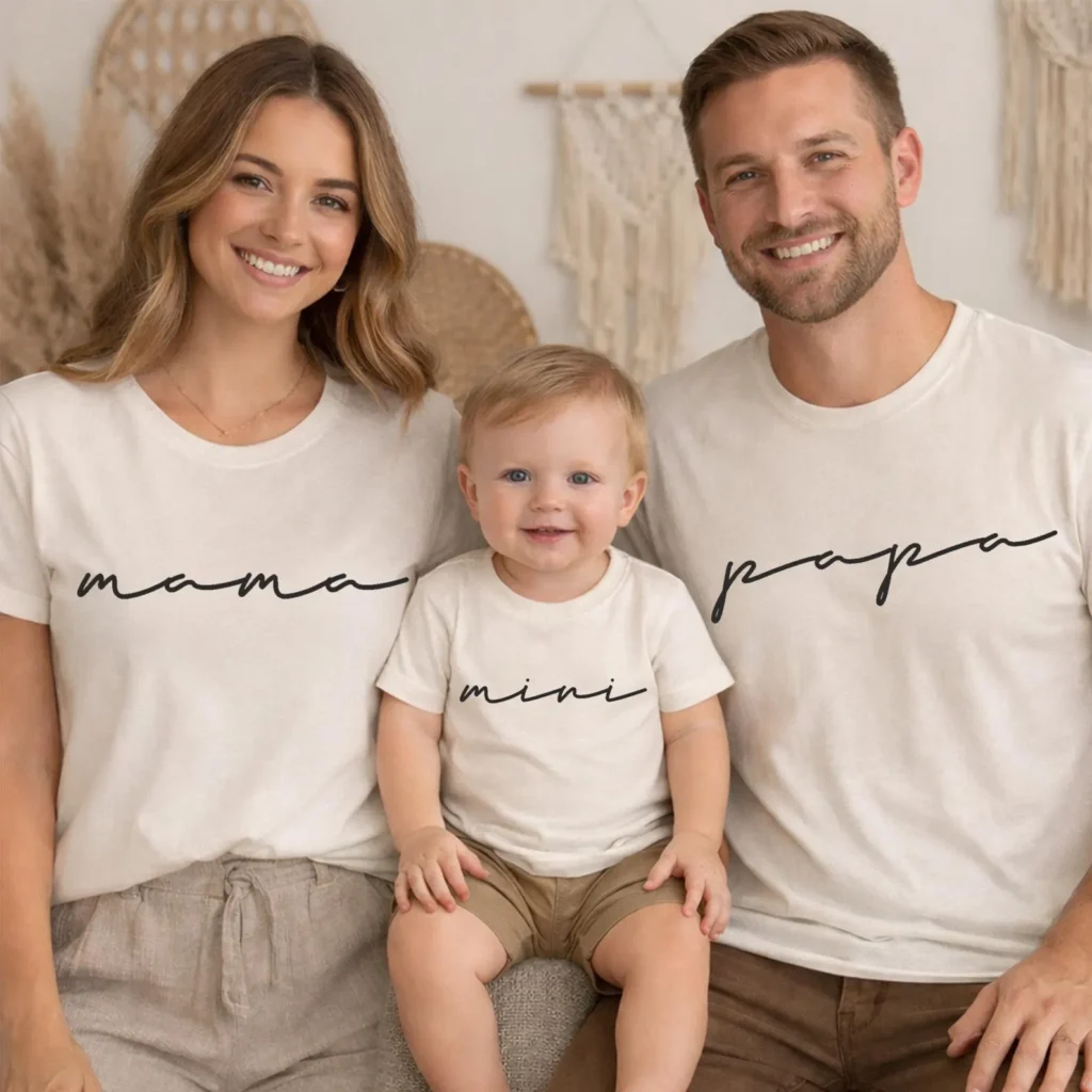 familia modelando camisetas de color blanco y cada una de ellas estampadas según el rol de familia como papá, mamá y mini